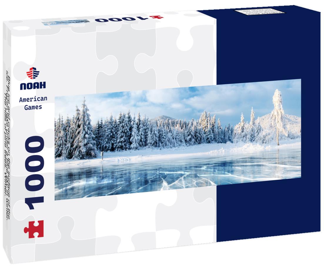 Noah Jigsaw Puzzle Blue ice and cracks on the surface of the ice. Frozen lake under a blue sky in winter. The hills of pine trees. Winter. Carpathians, Ukraine, Europe, Panorama Panorama 1000 Pieces
