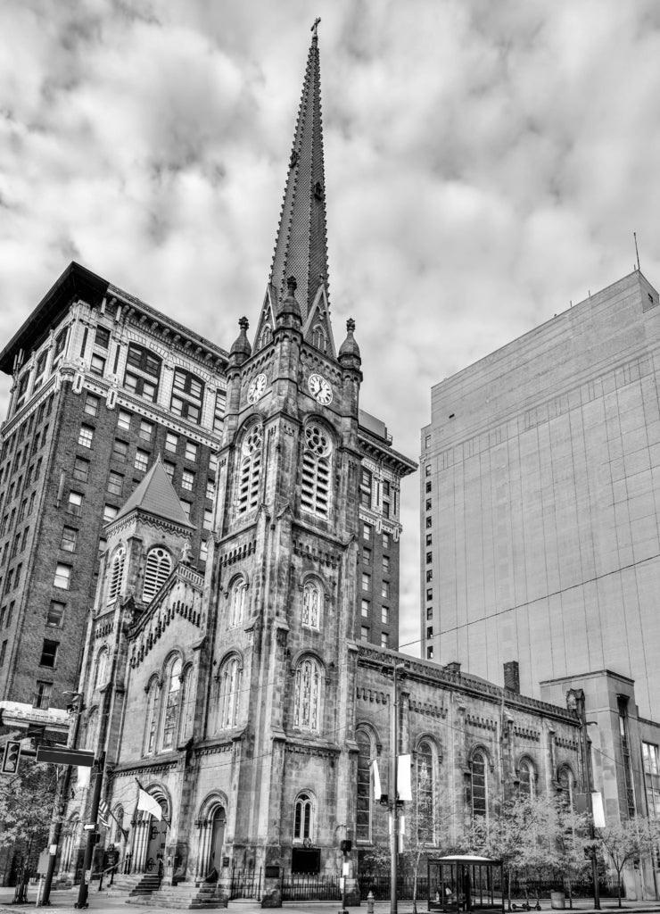 Old Stone Church in Cleveland, Ohio in black white