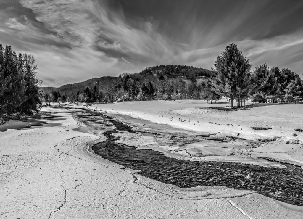 Quechee,Vermont Ottauquechee river Spring thaw in black white