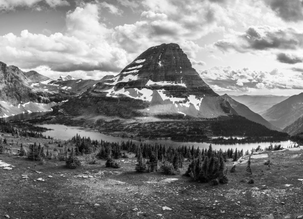 The Hidden Lake and mountains in Glacier National Park Montana in black white