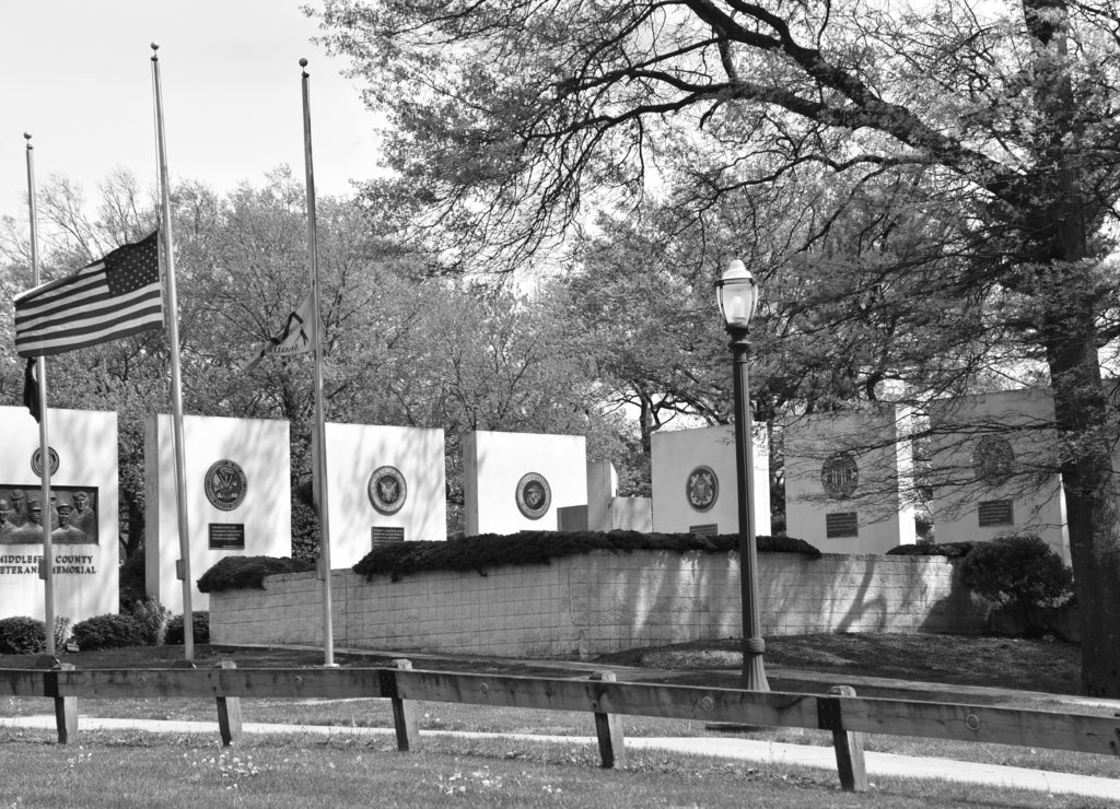 Middlesex County Veterans Memorial at Roosevelt Park in Edison, New Jersey in black white