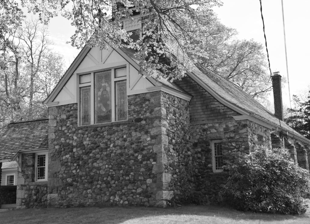 St Stephens Episcopal Church in East Haddam, Connecticut in black white