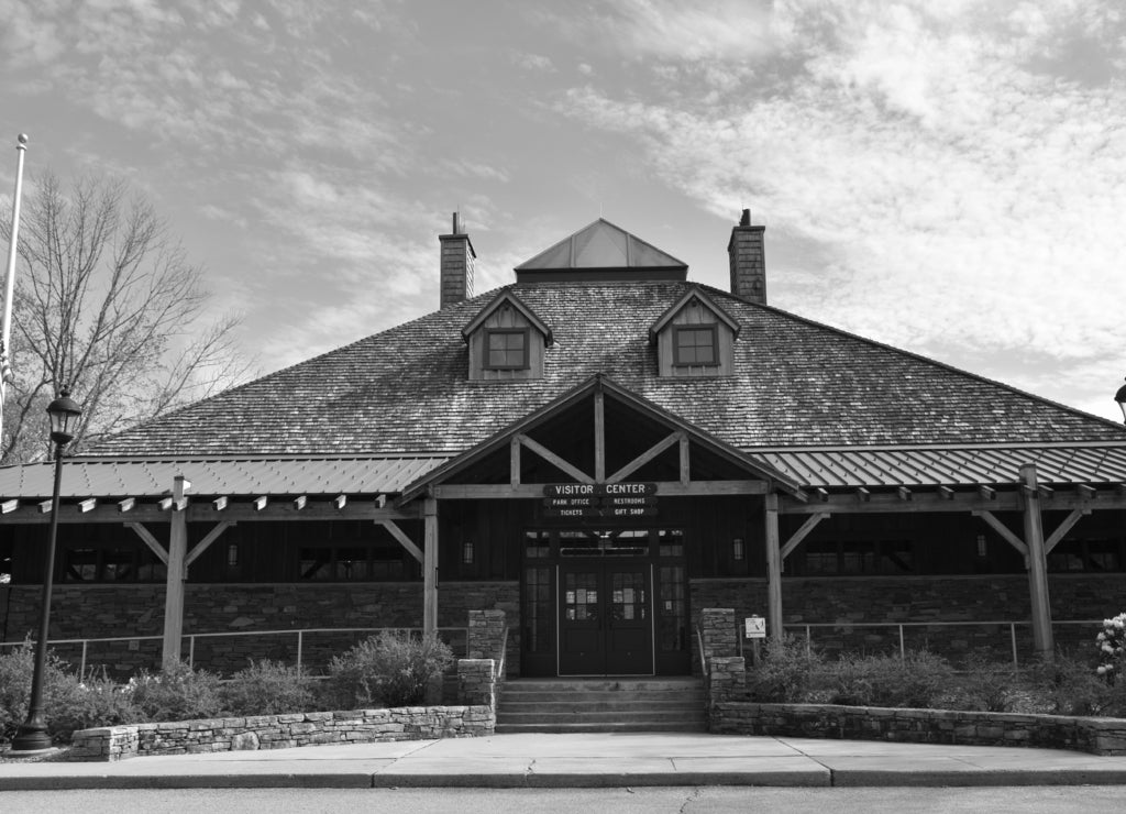 Visitor Center at Gillette Castle State Park in East Haddam, Connecticut in black white