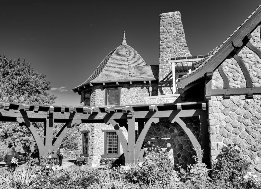 Moultonborough, New Hampshire: Tourists visit Castle in the Clouds on a wonderful autumn morning in black white