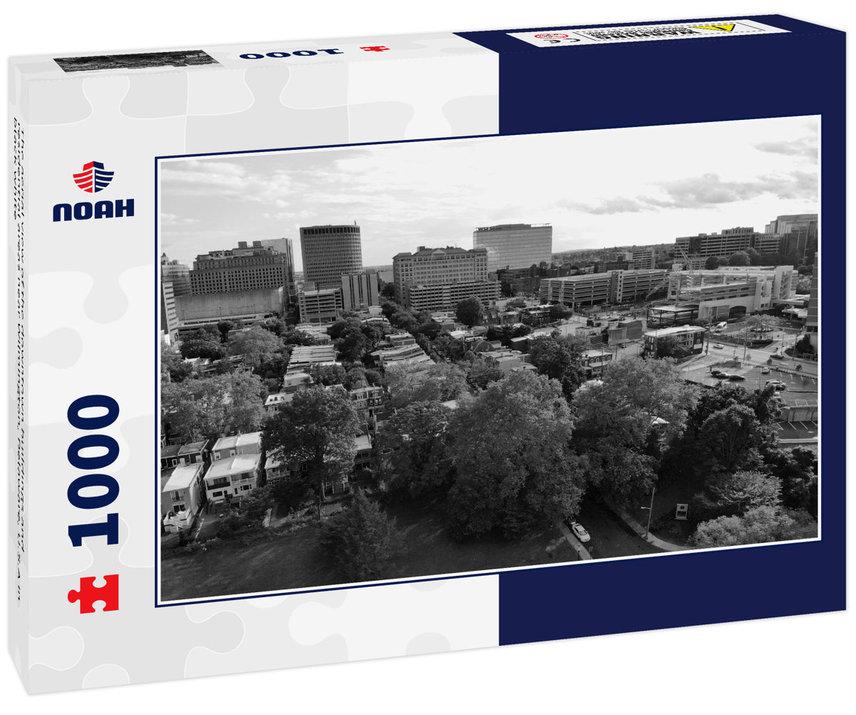 The aerial view of the downtown buildings and residential areas near Wilmington, Delaware, U.S.A in black white