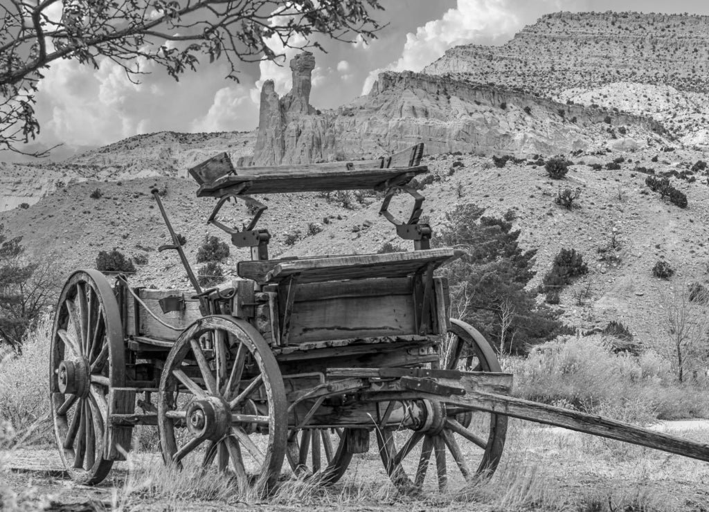 Old Freight Wagon Near Chimney Rock New Mexico USA in black white