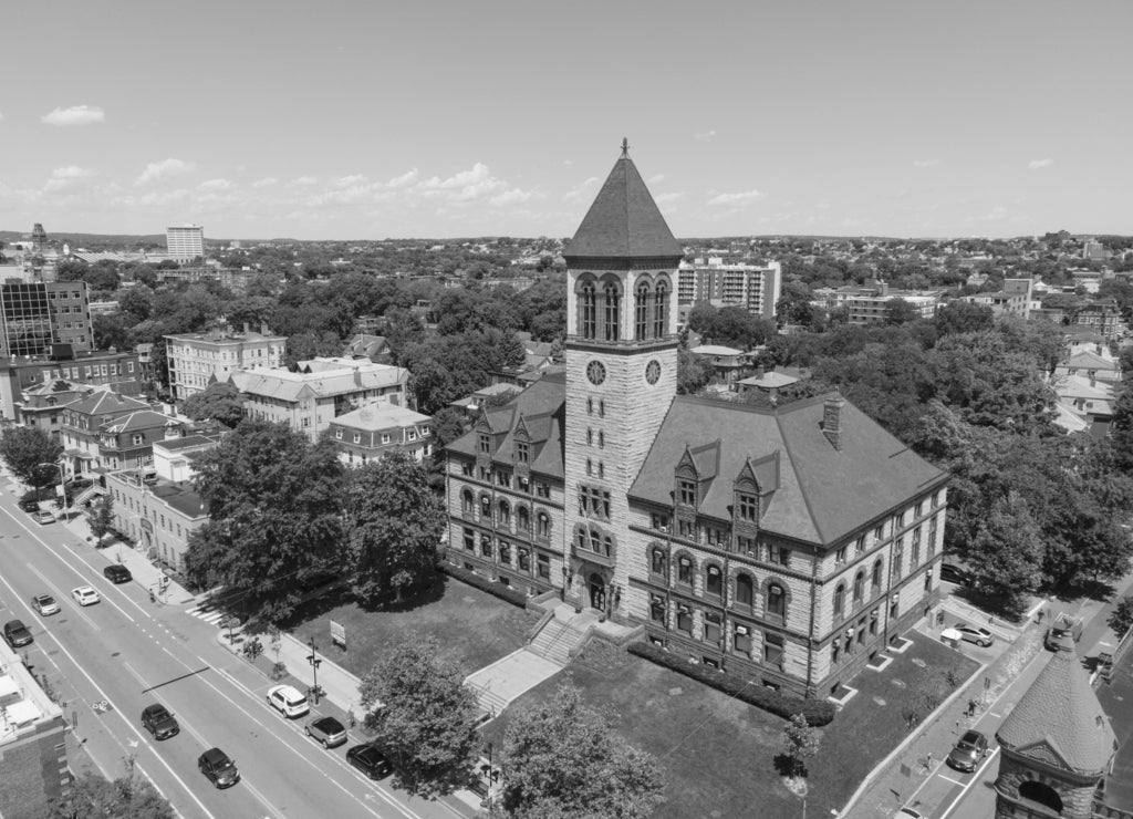 Cambridge City Hall, downtown Cambridge, Massachusetts in black white