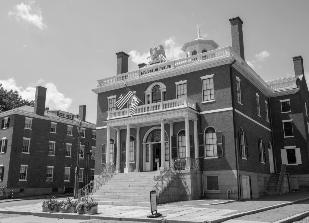 Custom House at the Salem Maritime National Historic Site (NHS) in Salem, Massachusetts MA, USA. This federal style building was built in 1819 and is the first NHS in the United States in black white