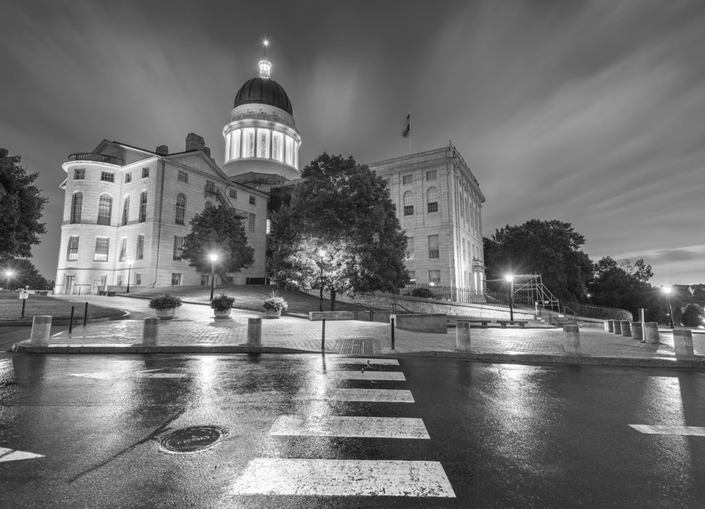 The Maine State House in Augusta, Maine in black white