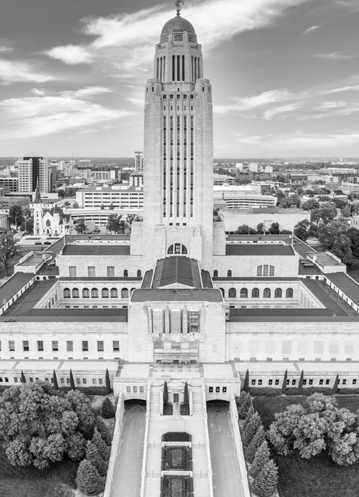 Vertical panorama of the State Capitol, Lincoln Nebraska in black white