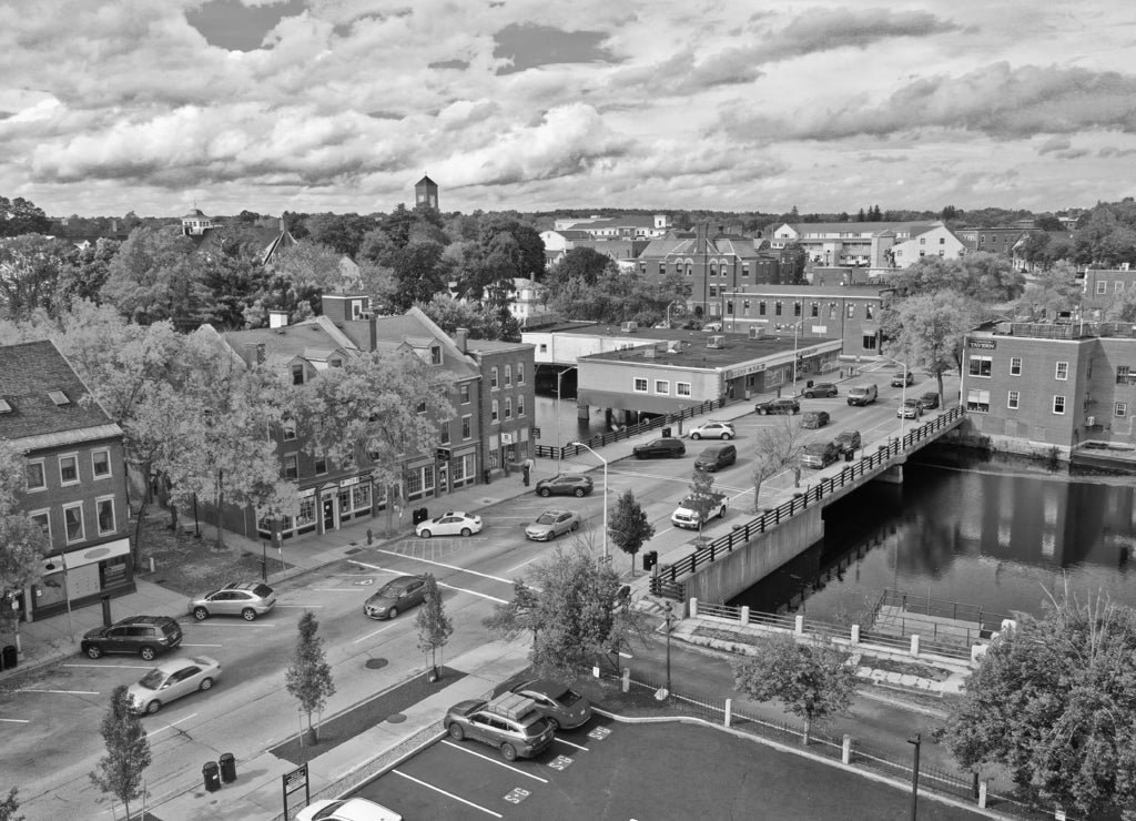 Aerial Drone Photography Of Downtown Dover, New Hampshire (New Hampshire) During The Fall Foliage Season in black white