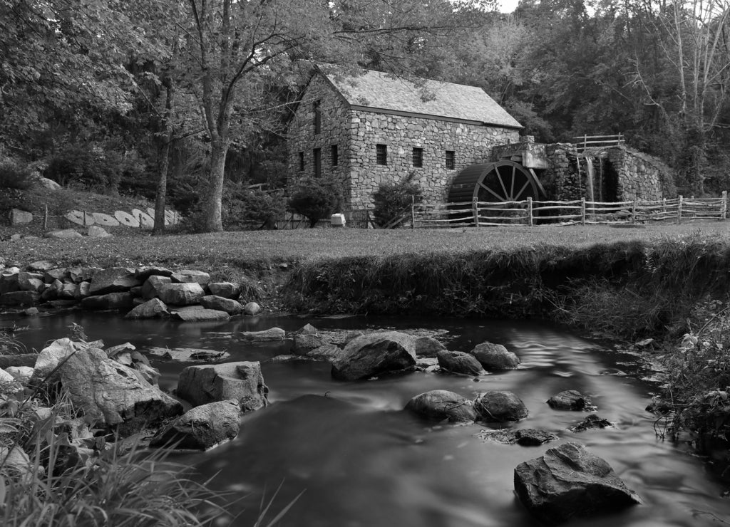 Wayside Inn Grist Mill, Concord Massachusetts in black white