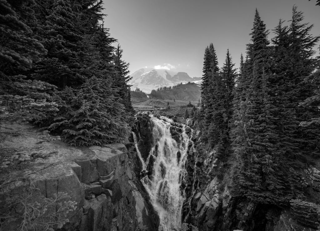 Myrtle Falls in Mt Rainier National Park in Washington State in black white