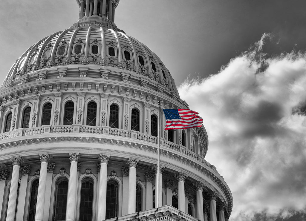 US flag in front of Capitol in black and white, Washington D.C., USA