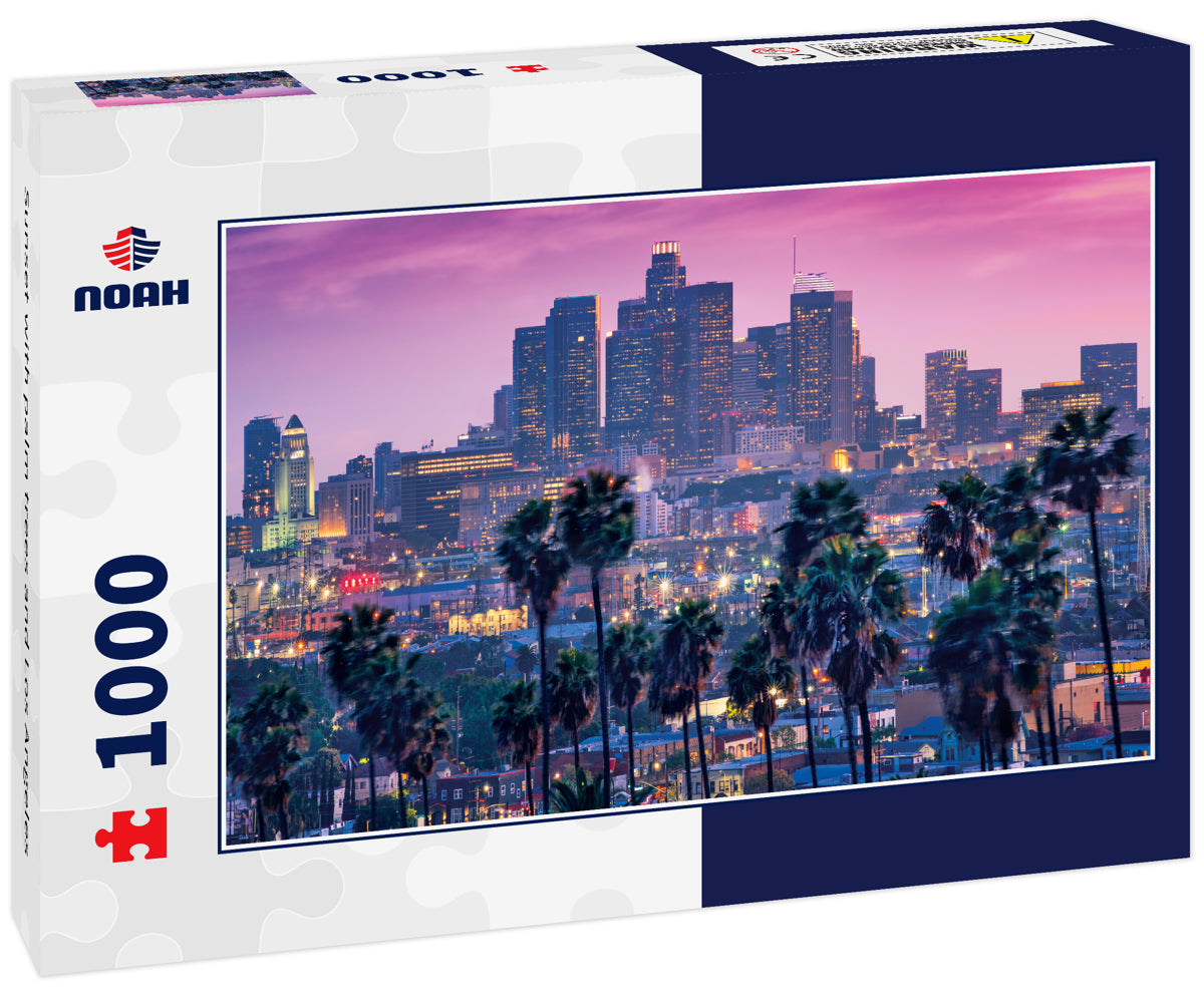 Sunset with palm trees and Los Angeles
