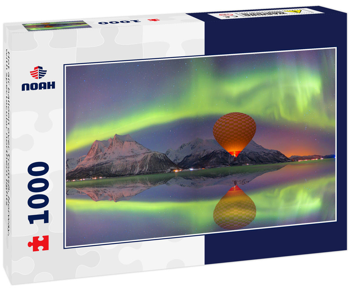 Hot air balloon over Tromsö, Norway, with spectacular northern lights