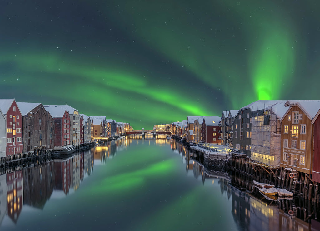 warehouses Trondheim Norway northern light