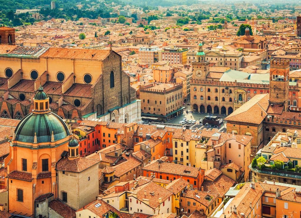 Aerial view of cityscape of Piazza Maggiore square and San Petronio church in Bologna city
