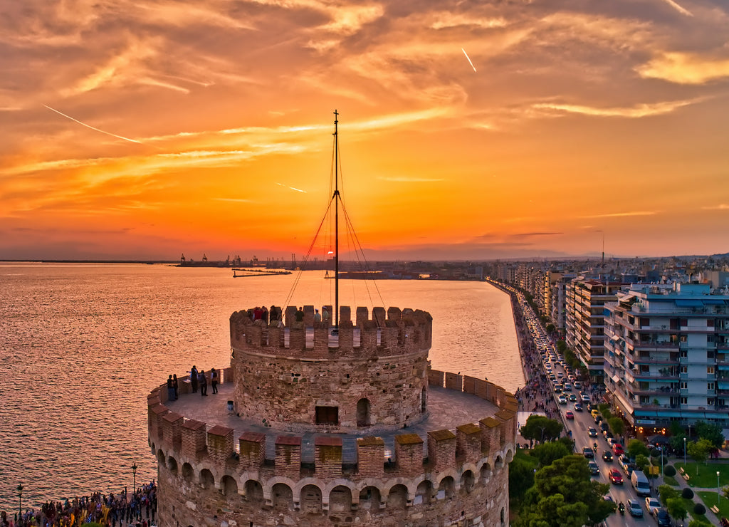 Aerial view of the famous White Tower of Thessaloniki at sunset, Greece.