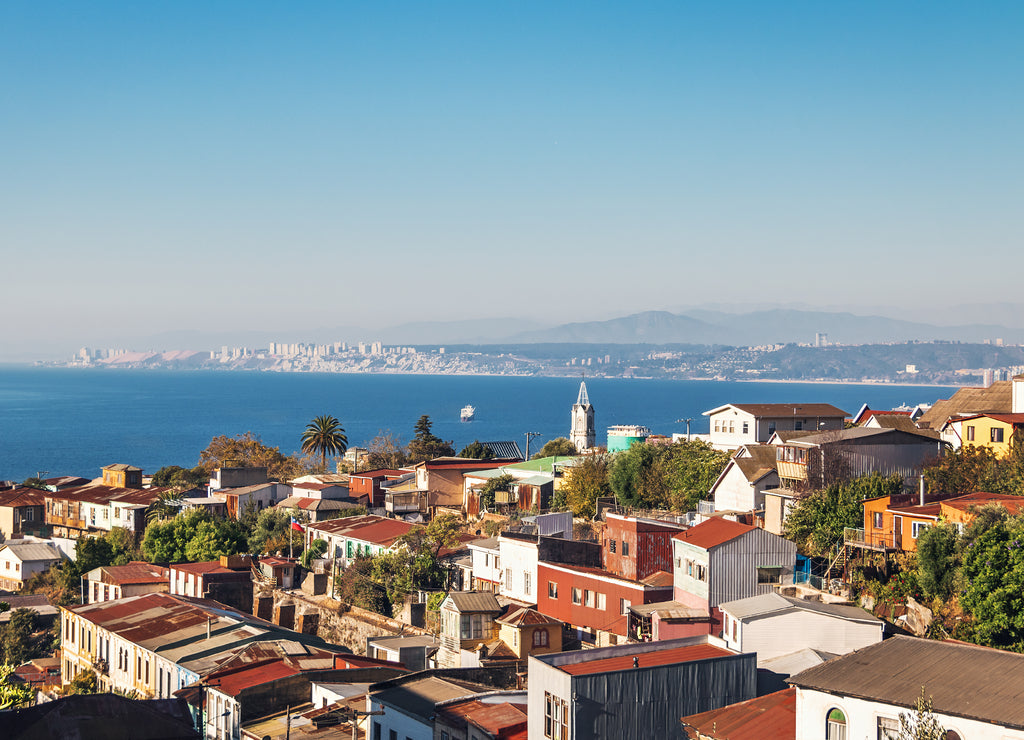 Aerial view of Valparaiso and Las Carmelitas church tower from Mirador Camogli viewpoint - Valparaiso, Chile