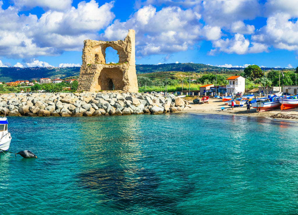 Traditional fishing village of Briatico in Calabria with turquoise sea and old Saracen tower. Italy