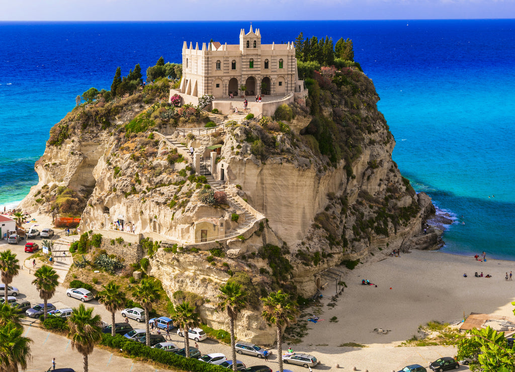 Calabria, Tropea - view of Santa Maria del'isola church and great beach. Italy