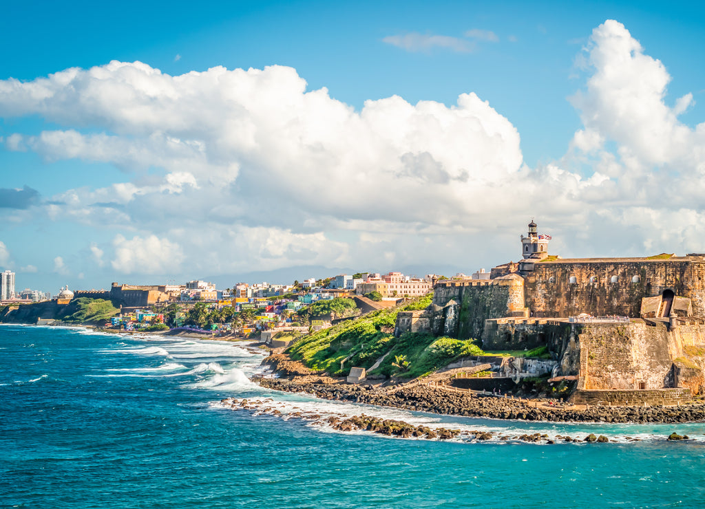 Panoramic landscape of historical castle El Morro along the coastline, San Juan, Puerto Rico