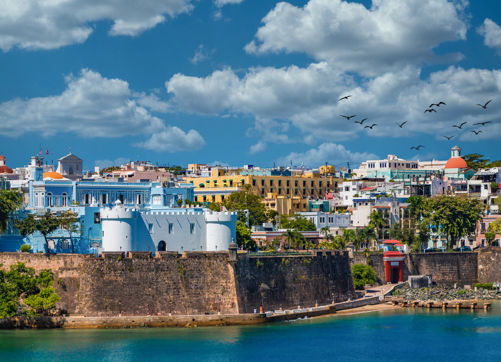 Colorful, historical buildings on the coast of Old San Juan, Puerto Rico