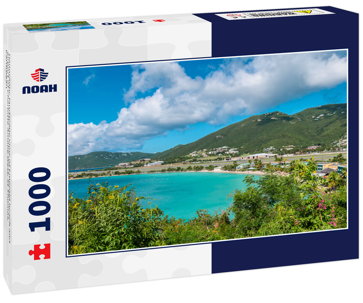 Panoramic landscape view of Emerald beach and airport of Charlotte Amalie West, St Thomas, Caribbean