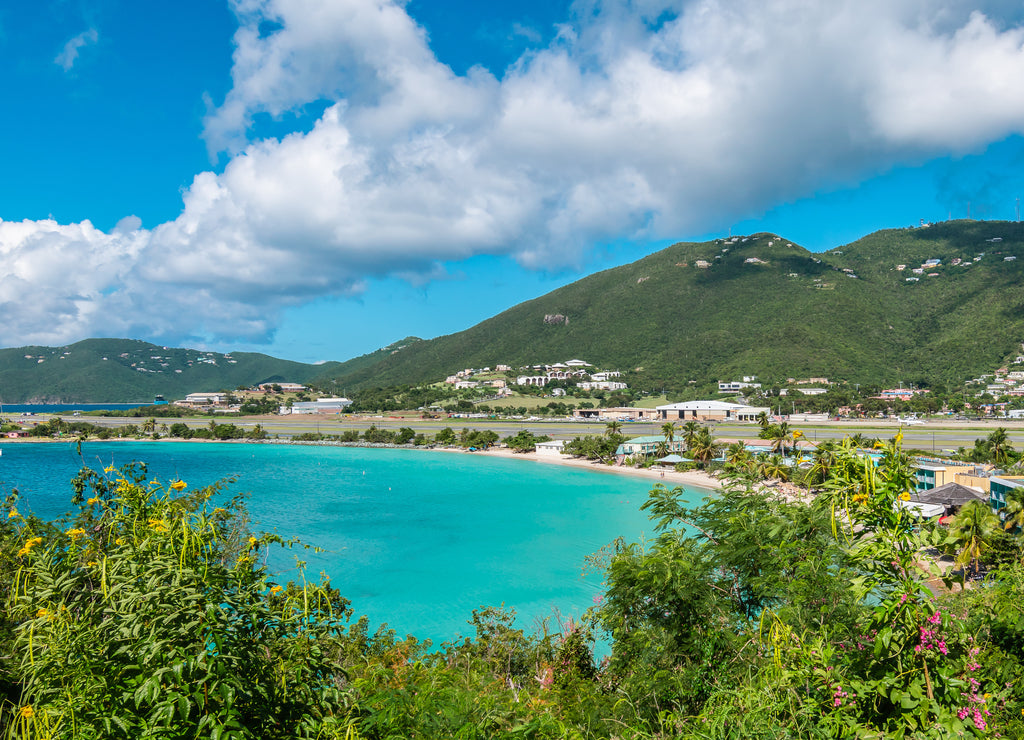 Panoramic landscape view of Emerald beach and airport of Charlotte Amalie West, St Thomas, Caribbean