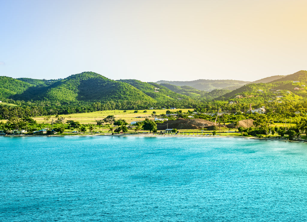 Mountain landscape with small beach at the coastline of Frederiksted, St Croix, US Virgin Islands