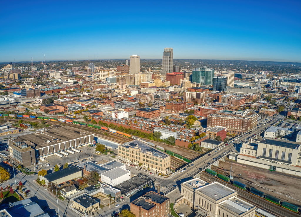Aerial View of Downtown Omaha, Nebraska in Autumn