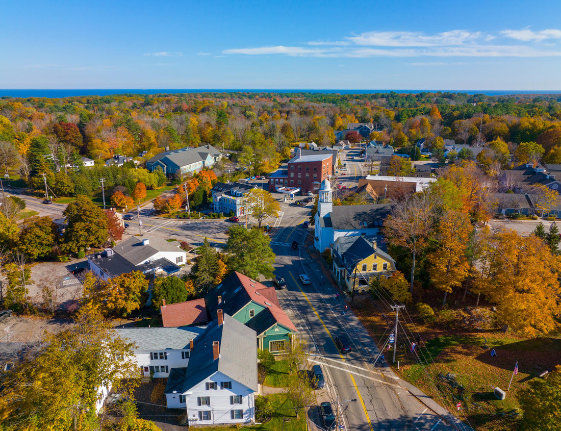 Noah Jigsaw Puzzle York village historic center aerial view in fall including Old Methodist Church in town of York, Maine ME 1000 pieces