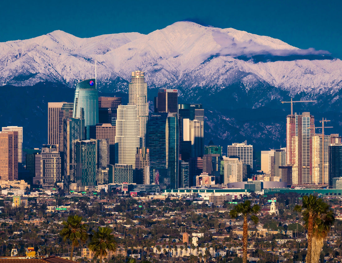 Noah Jigsaw Puzzle City of Angels - Los Angeles Skyline framed by San Bernadino Mountains and Mount Baldy with fresh snow from Kenneth Hahn State Park 1000 pieces