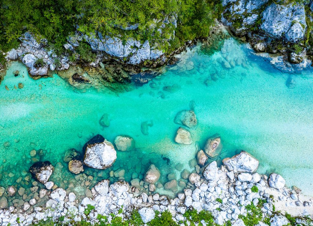 Beautiful Soca river in Slovenia Europe. Aerial view of the valley