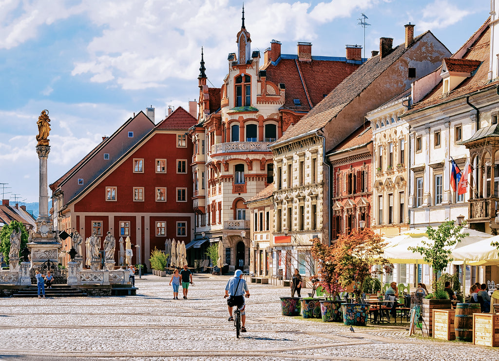 Maribor city hall square Slovenia Europe. Maribor city hall and plague column on the main square, Lower Styria, in Slovenia