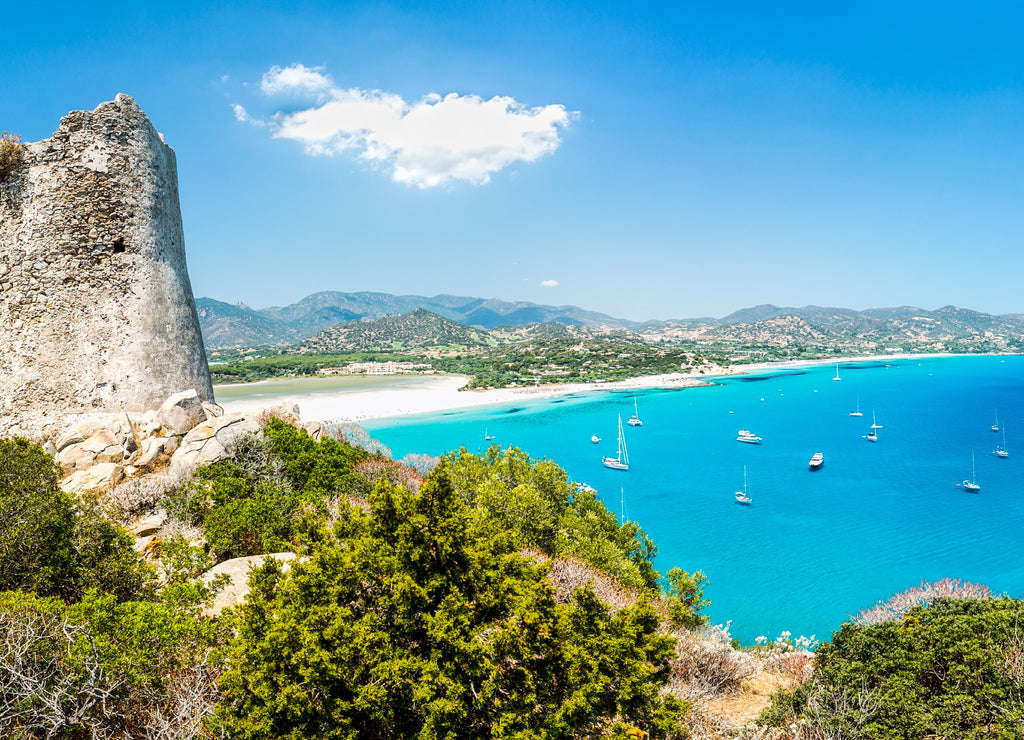 Panoramic view of the bay of Porto Giunco. Island of Sardinia. Italy.