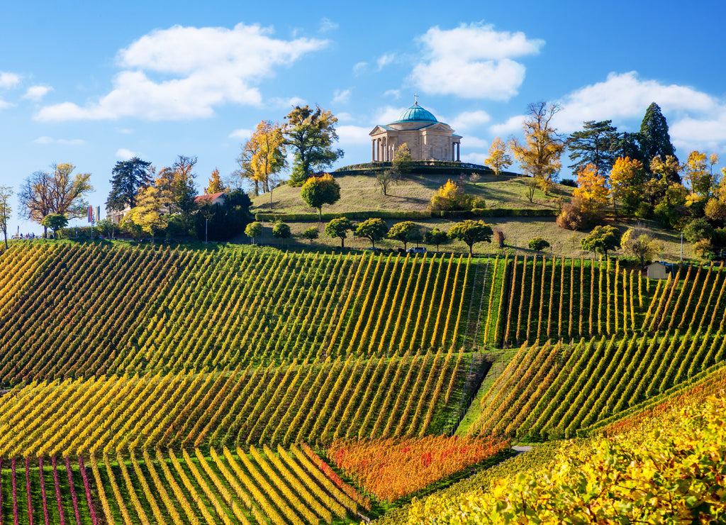 Stuttgart Germany landscape view of the mausoleum and the vineyards of Rotenberg