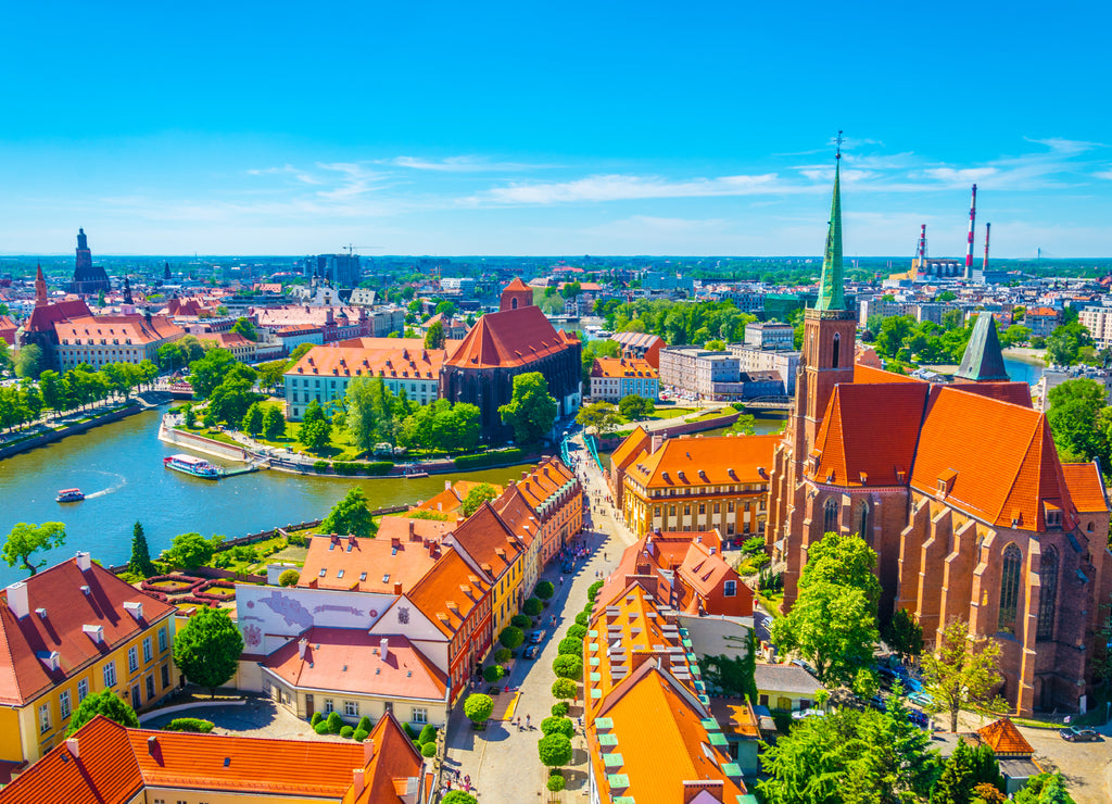 Aerial view of Wroclaw with Church of Our Lady of the Sand and Church of the Holy Cross and St. Bartholomew, Poland