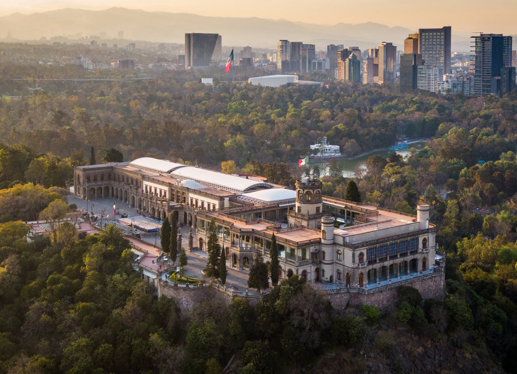 Mexico City, aerial view of Chapultepec Castle at sunset