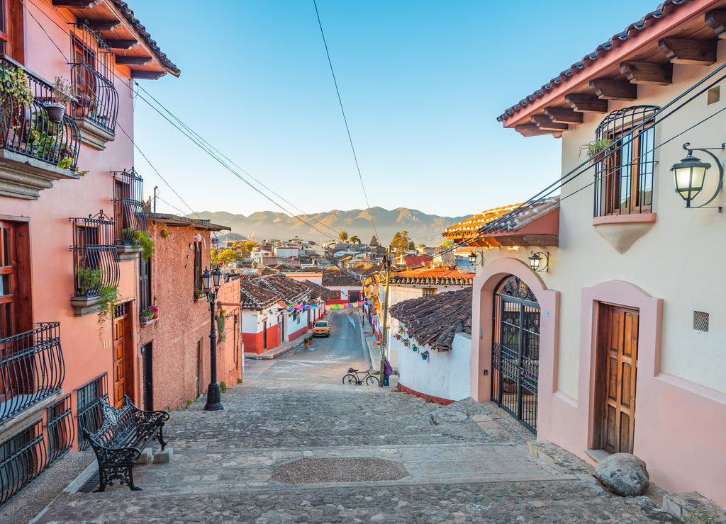 Beautiful colonial alleys and streets of the magical town of San Cristobal de las Casas in Chiapas, Mexico
