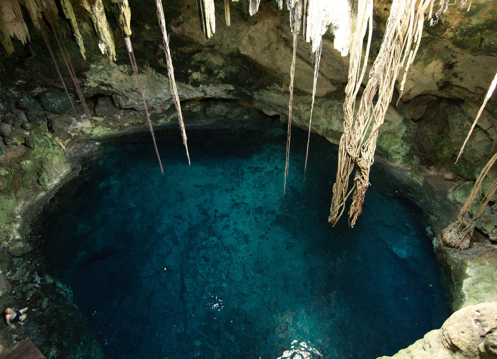 Top view of an underground river cave known as a "cenote" in Cuzama, Yucatan, Mexico