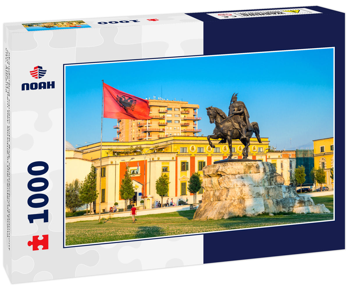 Skanderbeg square with flag, Skanderbeg monument and The Et'hem Bey Mosque in the center of Tirana city, Albania
