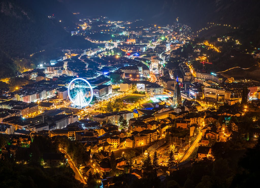 Andorra at night with the largest ferris wheel in europe