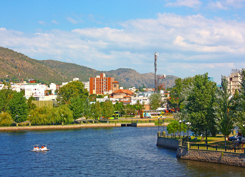 VILLA CARLOS PAZ, CORDOBA, ARGENTINA: Panoramic view of the landscape of Carlos Paz Town in a sunny day. The San Roque lake in foreground and the hills at the background
