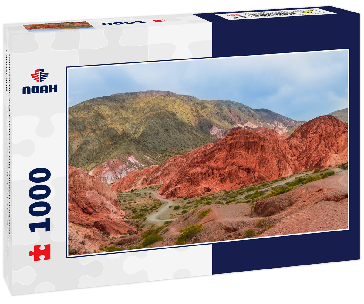 Panoramic stock photo of the colored hills and mountains in Purmamarca village , Jujuy, Argentina. Landscape