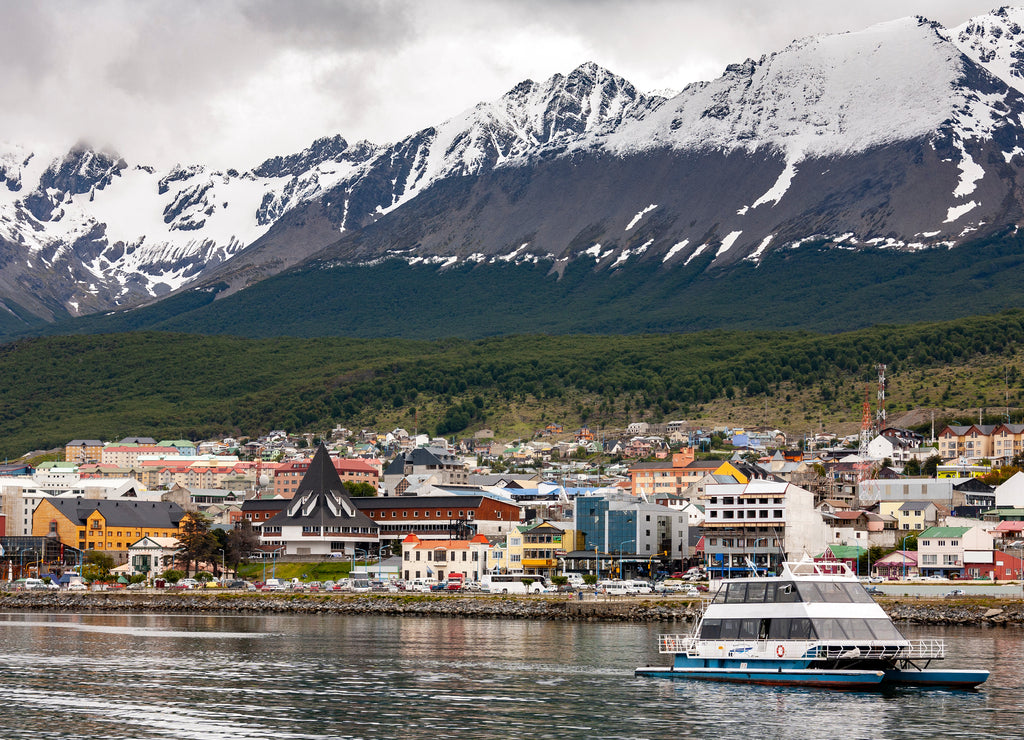 Port of Ushuaia in the Beagle Channel in Tierra del Fuego in southern Argentina. Ushuaia is the world's most southern town and is now a popular departure point for Antarctic cruise ships