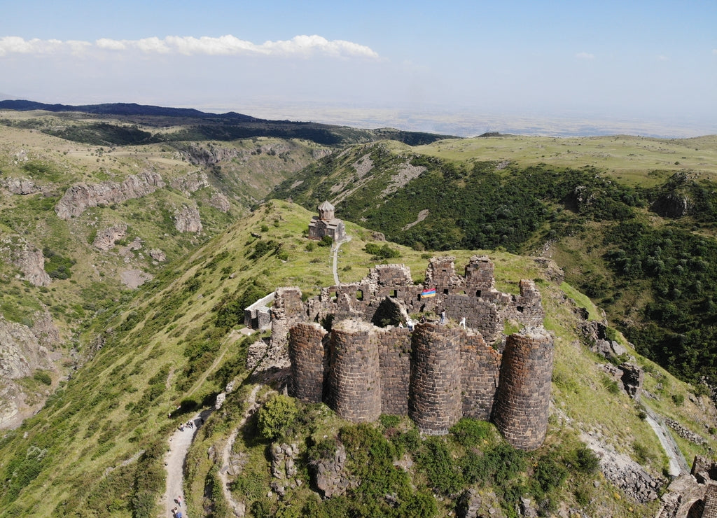 Aerial view Medieval castle ruins, AMBERD, ARMENIA, (VII Century AD)