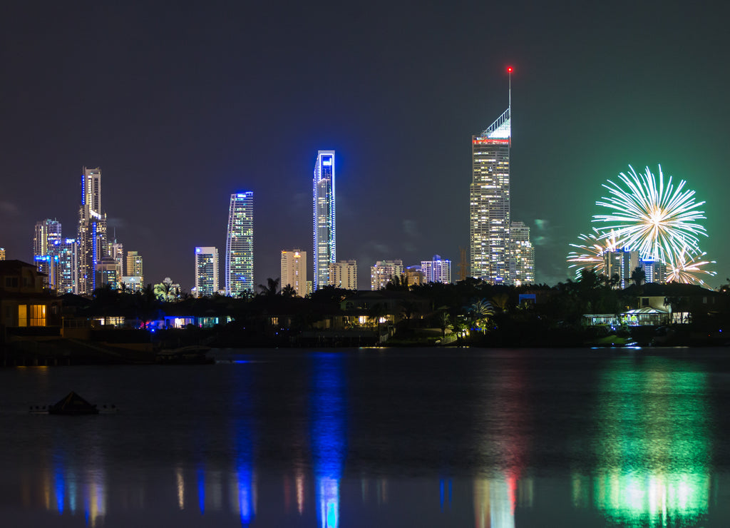 Fireworks in modern city - Gold Coast Australia