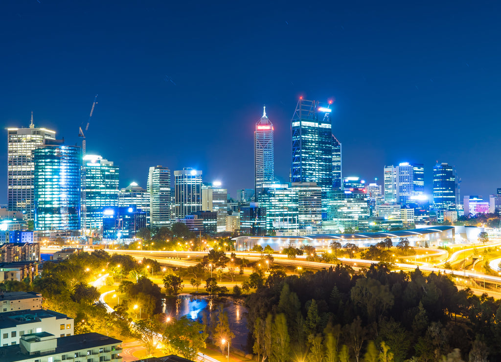 Skyline of Perth from Kings Park with a view of John Oldany Park at night